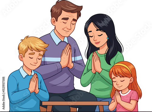 a family (mother, father, daughter, and son) kneeling in prayer with hands together.