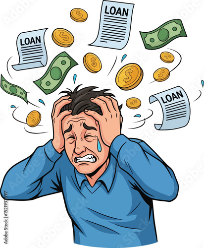a man looking distresses and overwhelmed by falling money and loan documents, symbolizing the heavy burden of financial debt.