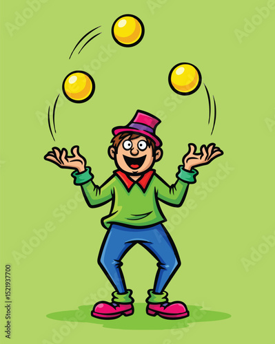 a man wearing a hat, enthusiastically juggling three yellow balls in the air, symbolizing skill and a lively performance