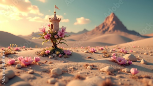 A tiny fairytale tower surrounded by pink flowers stands in a dreamy desert landscape with distant mountains under a sunny sky.