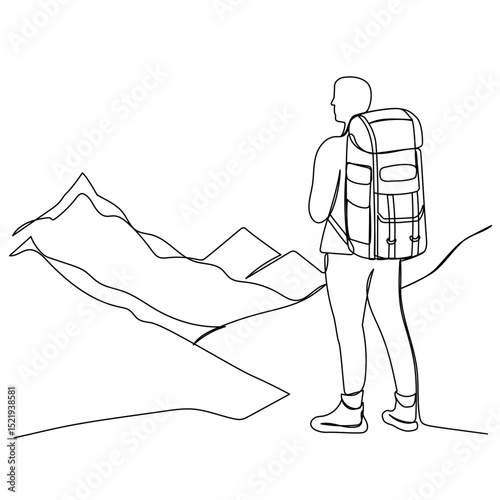 A tourist in the mountains in continuous one line art style. Travel concept. Simple vector illustration
