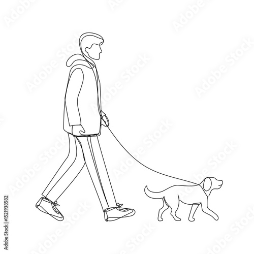 Man walking with a dog in continuous one line art style. Simple vector illustration