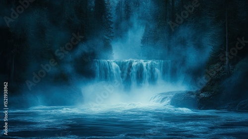 Majestic waterfall cascading into a misty forest