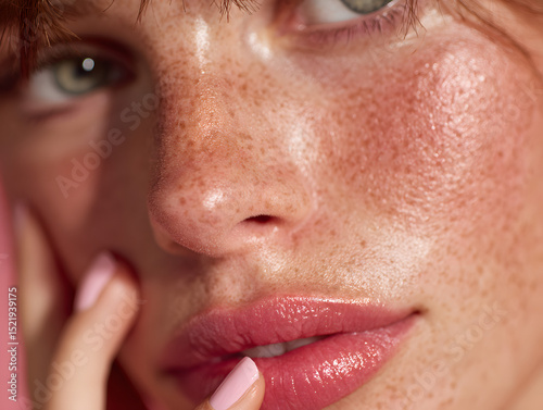 extreme close-up of an womans face with glossy 