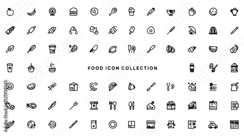 Comprehensive black and white food icon collection with diverse culinary elements and illustrations
