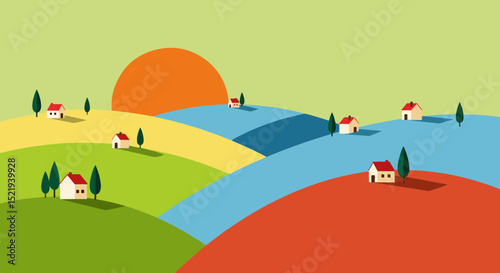 Rural landscape with houses, river, and setting sun