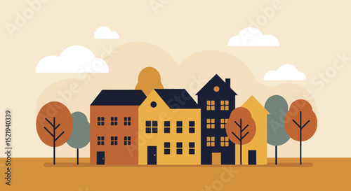 Three houses in a row in a flat, illustrative suburban neighborhood with autumn trees