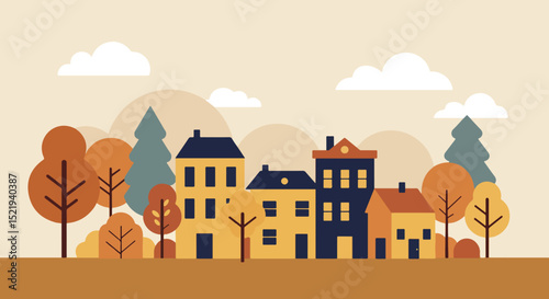 Row of quaint houses in a grove of autumn trees in a rural village
