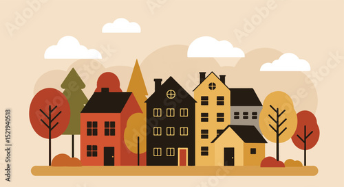 Illustrated suburban neighborhood with four colorful houses and autumn trees