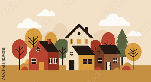 Three houses in a suburban neighborhood with autumn trees and fallen leaves
