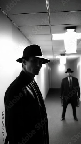 Men in fedora hats walk in a black and white film noir style interior hallway with overhead lighting