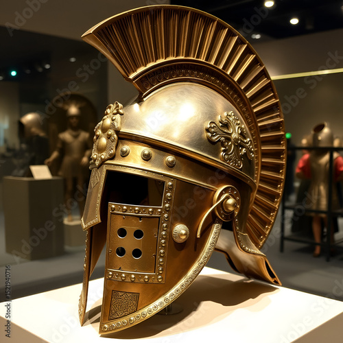 Ornate Roman helmet museum display.  Ancient armor history