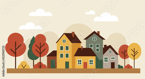Three distinct houses in a suburban neighborhood with autumn foliage