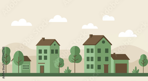 Flat illustration of suburban neighborhood with three houses and green landscape