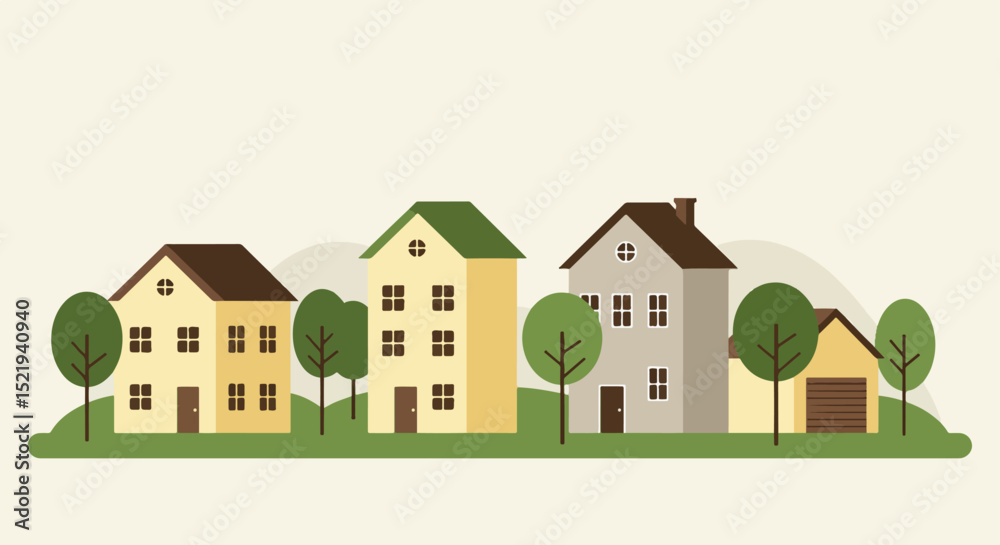 Naklejka premium Row of four distinct houses in a serene suburban neighborhood with earthy tones and greenery