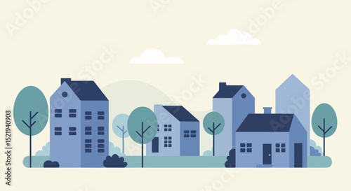 Illustration of a suburban neighborhood with blue houses and green trees under a clear sky