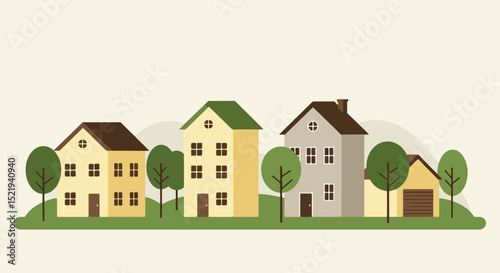 Row of four distinct houses in a serene suburban neighborhood with earthy tones and greenery
