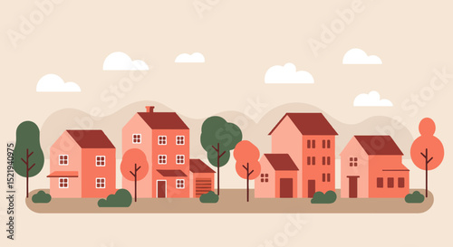 Row of charming houses with pink and red facades in a serene neighborhood
