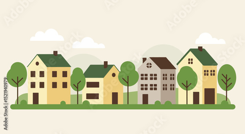 Row of five houses in a serene suburban neighborhood with green trees and a sunny sky