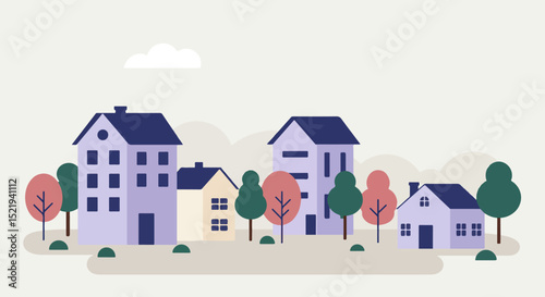 Row of colorful houses in a serene suburban neighborhood with trees and overcast sky