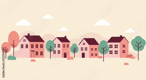 Row of charming pink houses with dark brown roofs in a serene suburban neighborhood