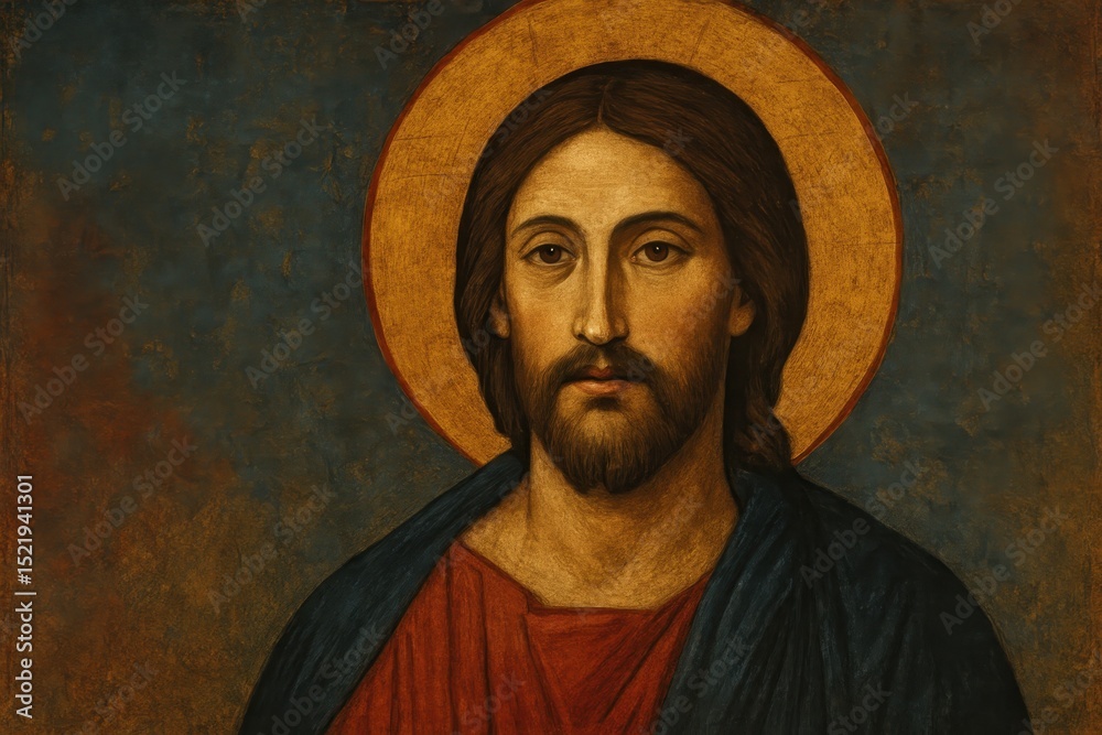 Naklejka premium Modern artistic interpretation of Jesus Christ's face in the style of a Byzantine icon with serene expression golden halo and subtle textures on a deep blue or crimson background with copy space