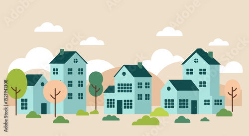 Four light green houses with dark green roofs and white windows in a suburban neighborhood
