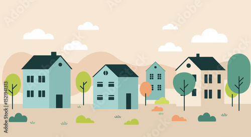 Four distinct suburban houses in a row with trees and bushes in a serene neighborhood