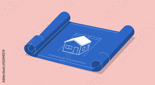 Illustration of a blue architectural blueprint on rolled parchment with pink background