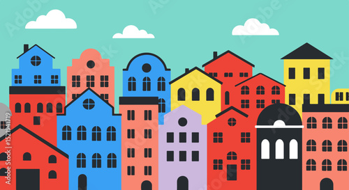 Vibrant urban cityscape with colorful buildings under a sunny sky