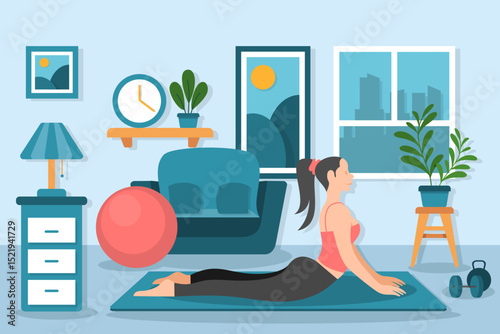 Flat Vector Illustration of Woman Doing Yoga at Living Room