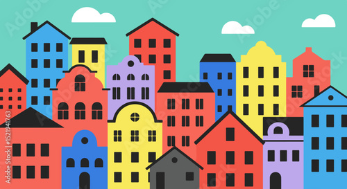 Whimsical cartoon cityscape with colorful buildings and green sky