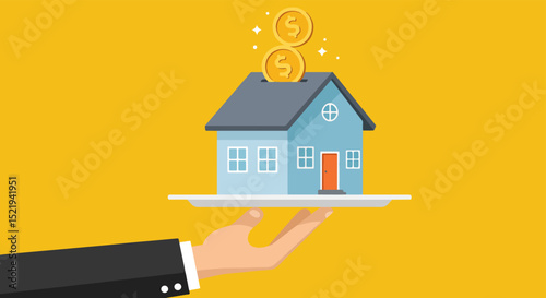Illustration of a light blue house with a gray roof, white windows, and a red door suspended on a white plate with three golden coins floating above