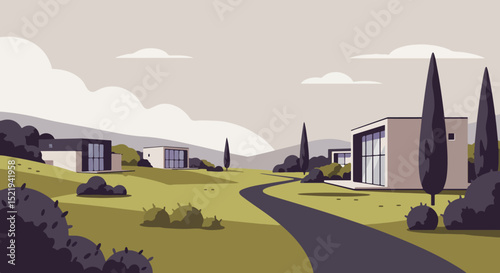 Two modern homes with large windows along a winding road in a lush, green landscape