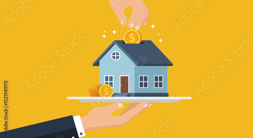 Whimsical illustration of a blue house on a white platform supported by a hand in a dark suit, with a golden coin falling from another hand