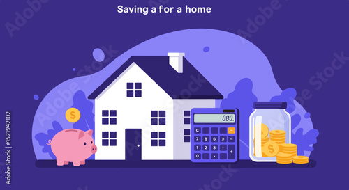 Illustration of saving for a home with a house, piggy bank, calculator, and jar of coins