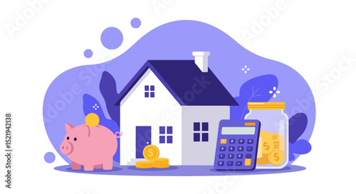Illustration of financial planning with house, piggy bank, calculator, and coins