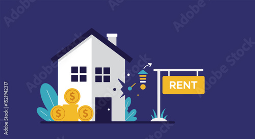 Illustration of a white house with black roof and door, green plants, and a yellow rent sign