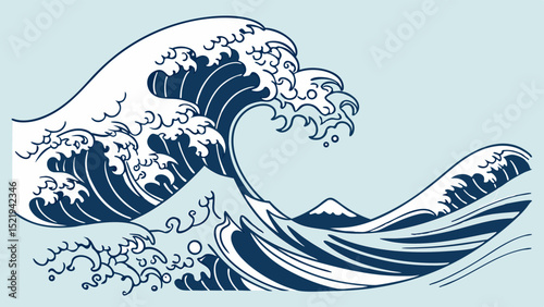 Stylized Great Wave Print Blue and White Ocean Crest