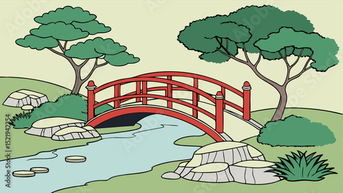 Serene Red Bridge Spanning a Tranquil Stream in a Japanese Garden