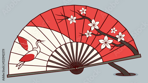Elegant Japanese Fan with Crane and Cherry Blossoms in Vector Art