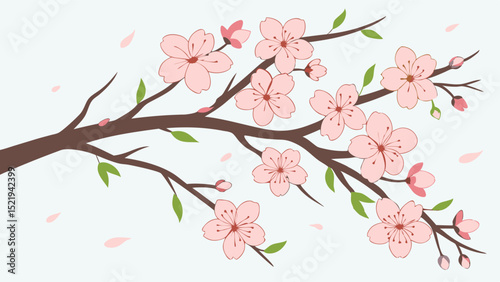 Delicate Cherry Blossom Branch with Pink Flowers and Green Leaves