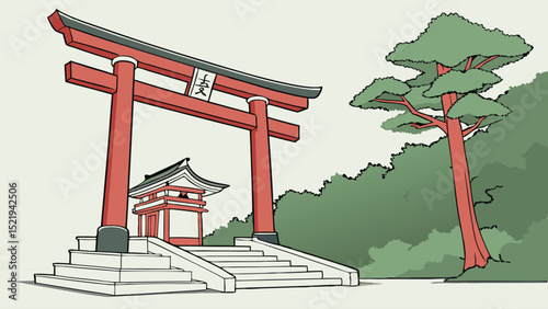 Traditional Japanese Torii Gate with Shrine and Tree Illustration