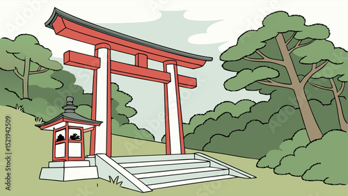 Serene Japanese Shrine Entrance with Torii Gate and Lantern