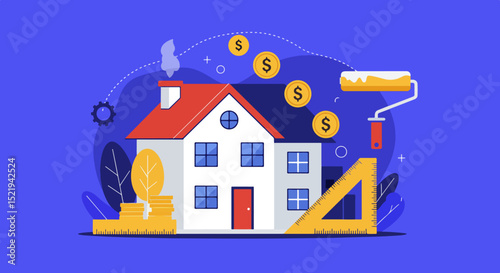 Cartoon house illustration with financial and construction symbols on blue background