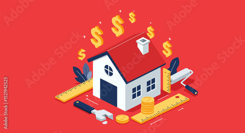 Isometric illustration of a house with financial and home improvement elements