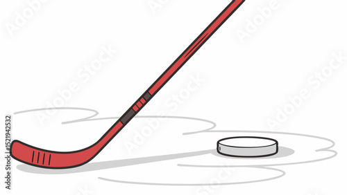 Red Hockey Stick with Black Grip and Puck on Ice Surface Illustration