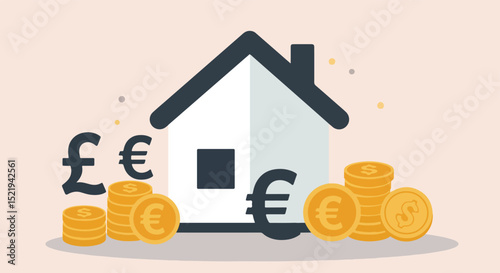 Minimalist house icon with golden coins and currency symbols on light pink background