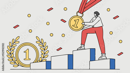 Determined Woman Ascending Steps to Victory with Gold Medal