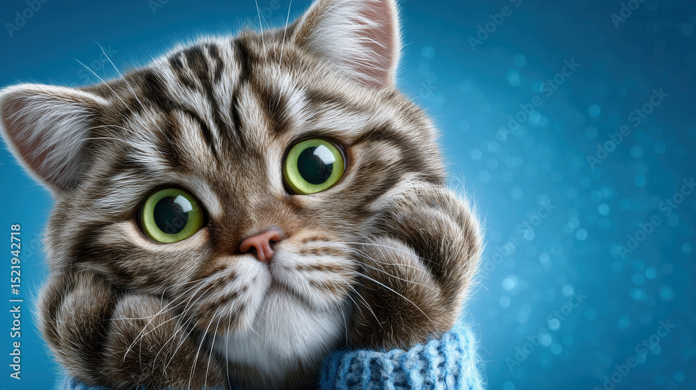 Obraz premium Surprised cat looking at camera with paws on head on vibrant blue background, expressive emotion displayed. Concept of pet care, animal welfare, social media content